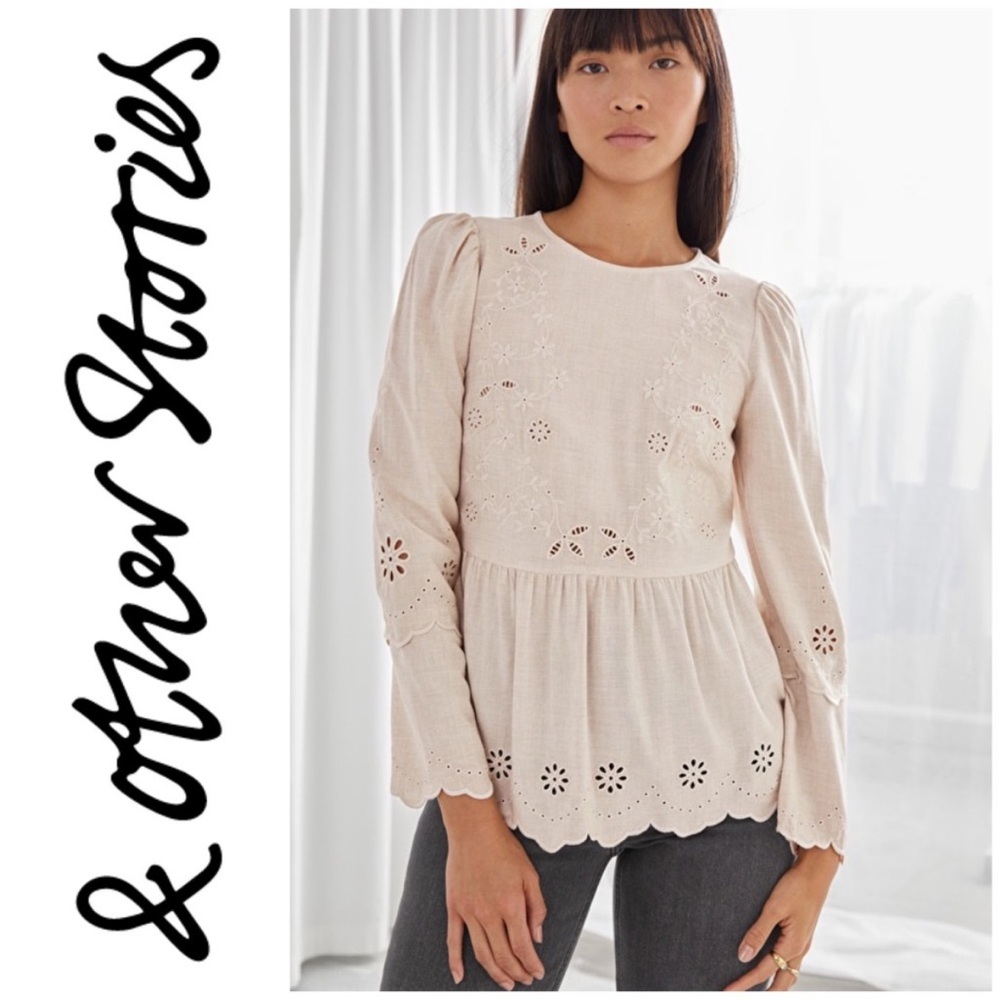 & Other Stories Paris Atelier Embroidered Scalloped Woven Peplum Blouse